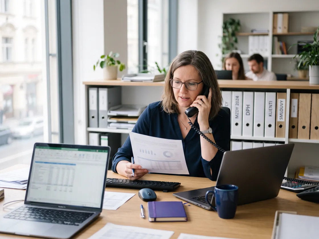 Mzdová účetní telefonuje u svého stolu